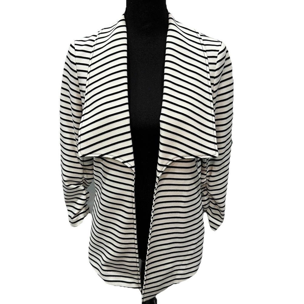 Rafaella Blazer Women's Size Medium White Black Stripes Open 3/4 Sleeves Stretch